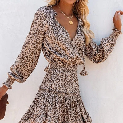 Women's V-Neck Mini Dress with Leopard Print