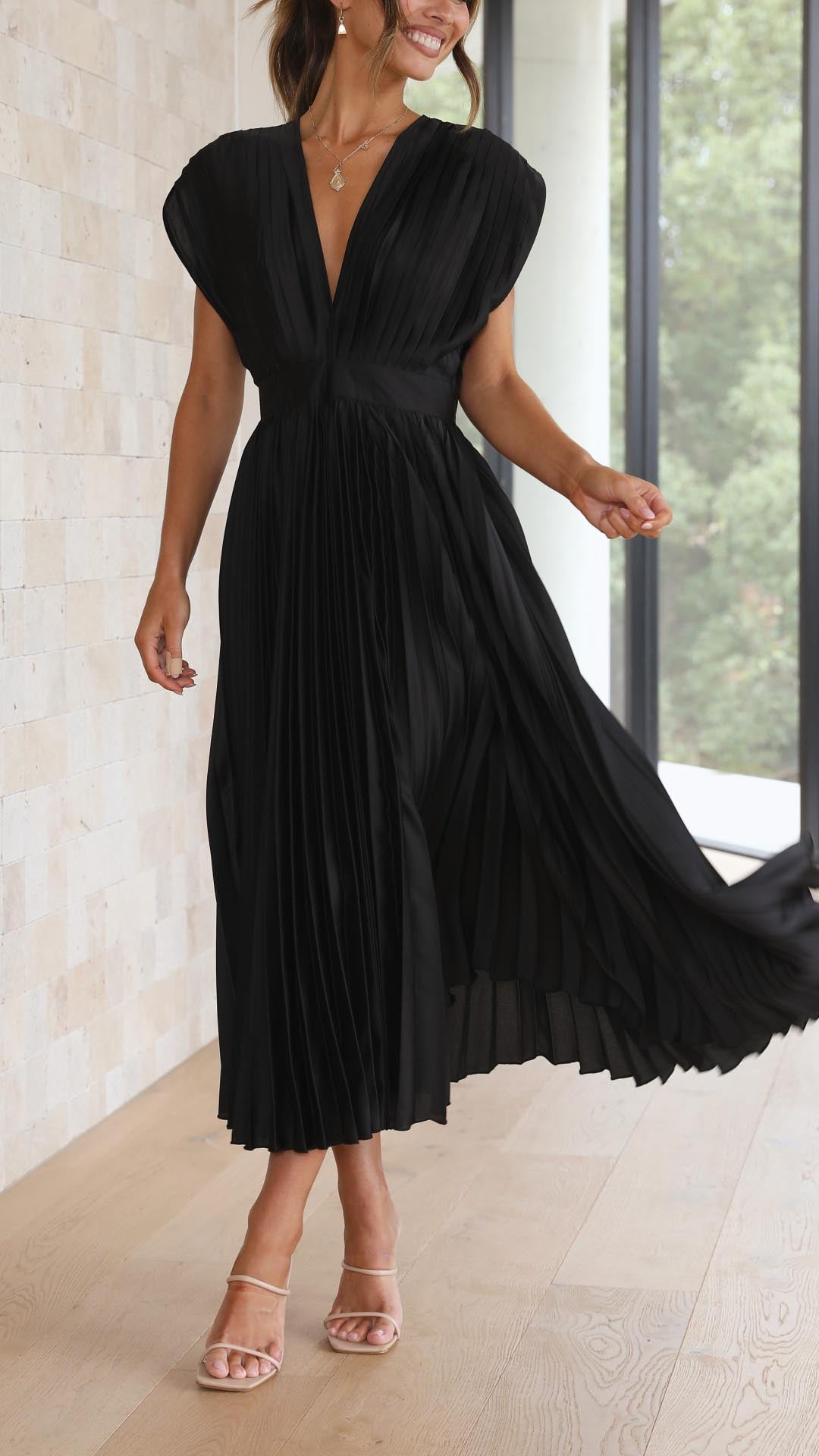 Women's V-Neck Pleated A-line Evening Party Dress with Cap Sleeves