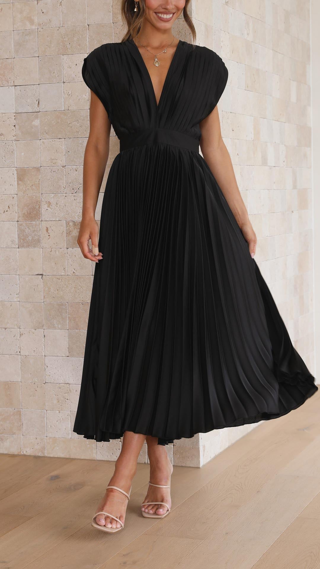 Women's V-Neck Pleated A-line Evening Party Dress with Cap Sleeves