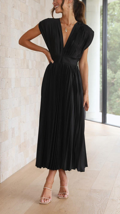 Women's V-Neck Pleated A-line Evening Party Dress with Cap Sleeves