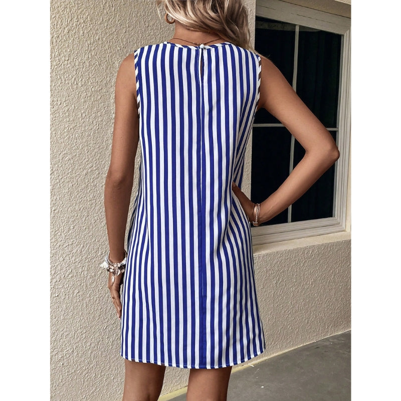 Women's V-Neck Sleeveless Dress with Vertical Stripe Pattern