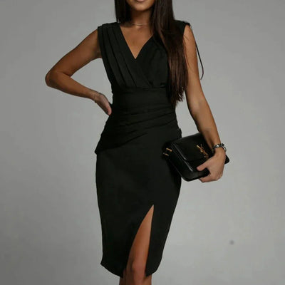 Women's V-Neck with Side Slit Midi Dress