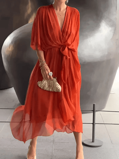 Women's Wrap V-Neck Long Sleeve Boho Midi Dress