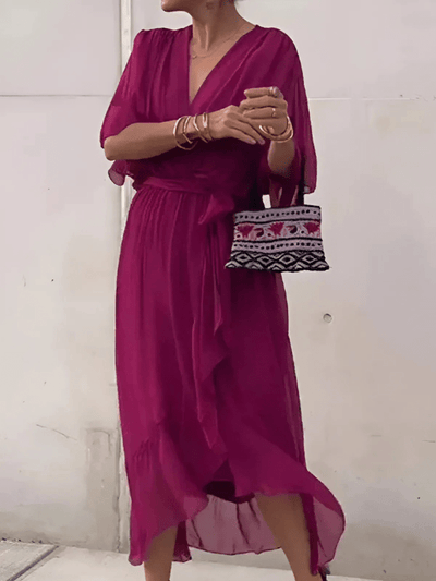 Women's Wrap V-Neck Long Sleeve Boho Midi Dress