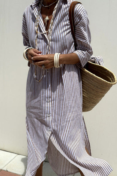Women's Striped Midi Shirt Dress with Buttons and Roll up Sleeves