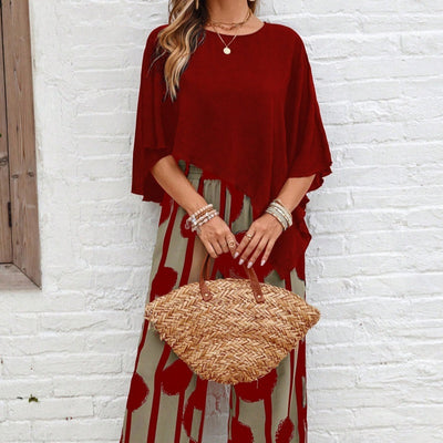 Rumi I Red Abstract Two-Piece Set with Wide-Leg Pants – Women's Elegant Outfit