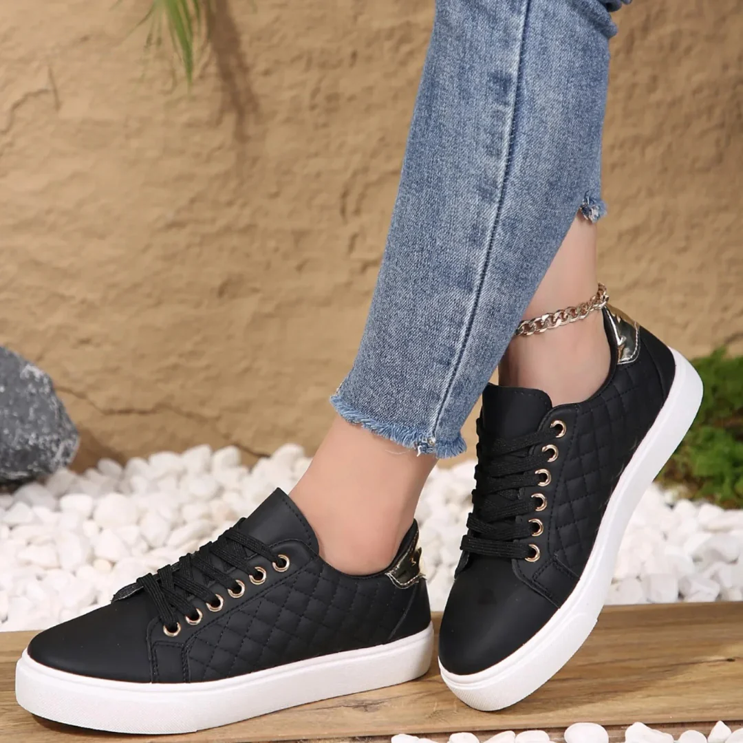 Women’s Quilted Lace-Up Sneakers with Flat Sole