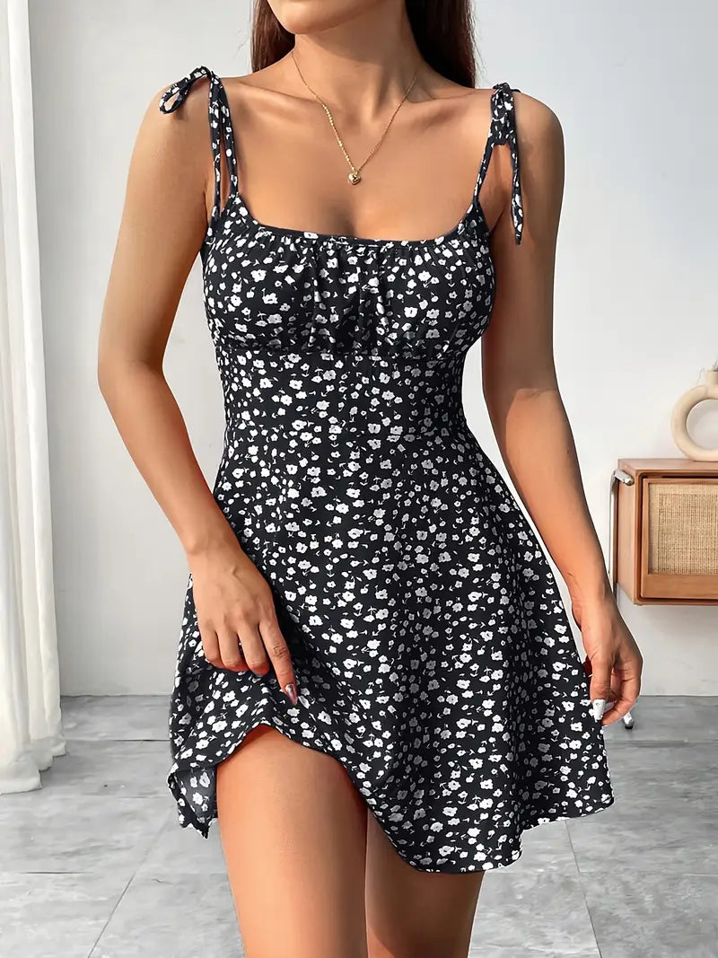 Women's Floral Print with Tie Straps Mini Dress
