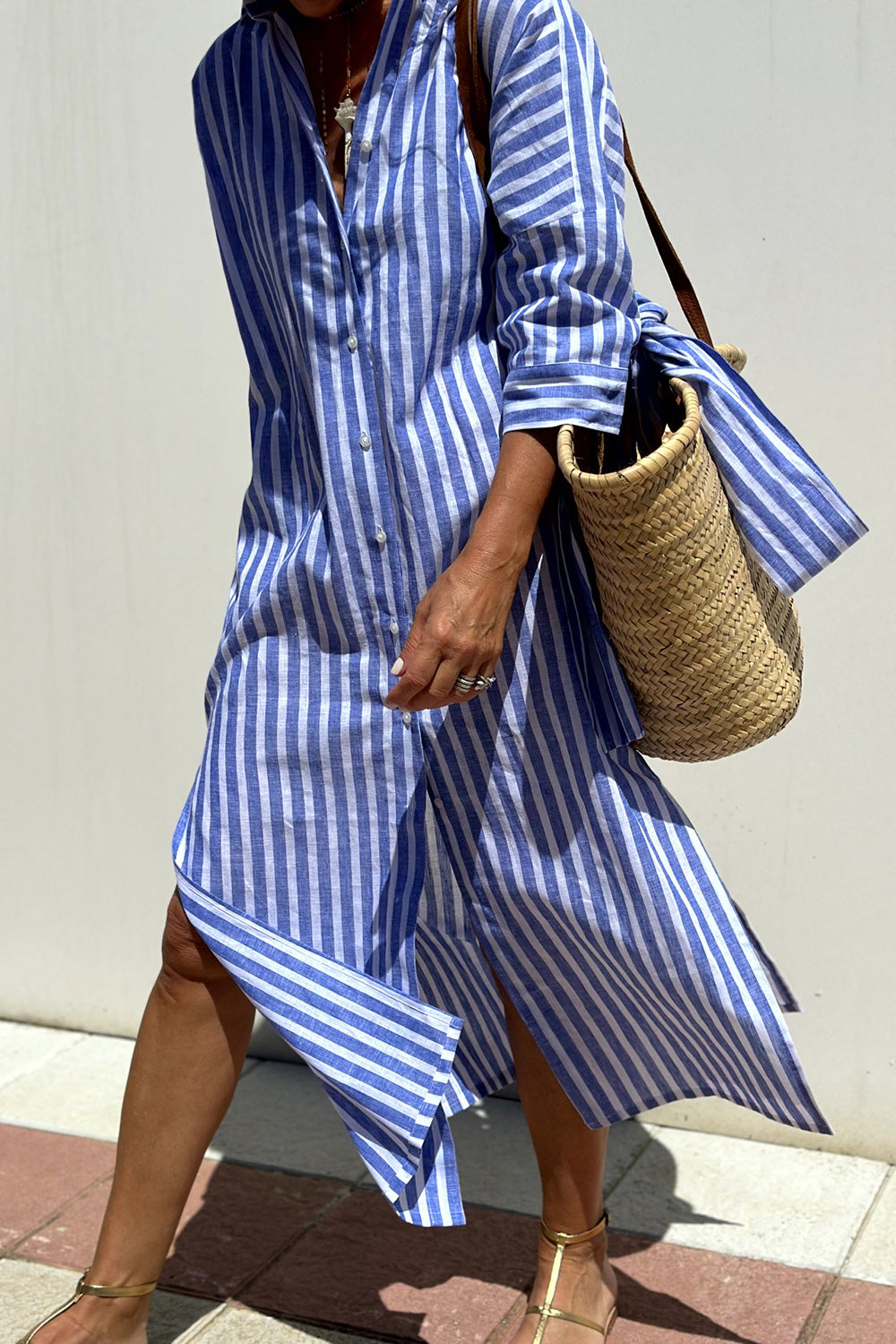 Women's Striped Midi Shirt Dress with Buttons and Roll up Sleeves