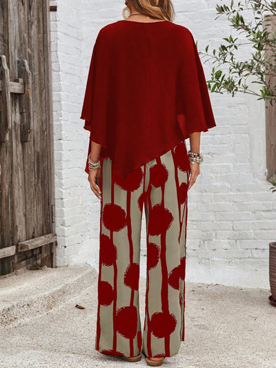 Rumi I Red Abstract Two-Piece Set with Wide-Leg Pants – Women's Elegant Outfit