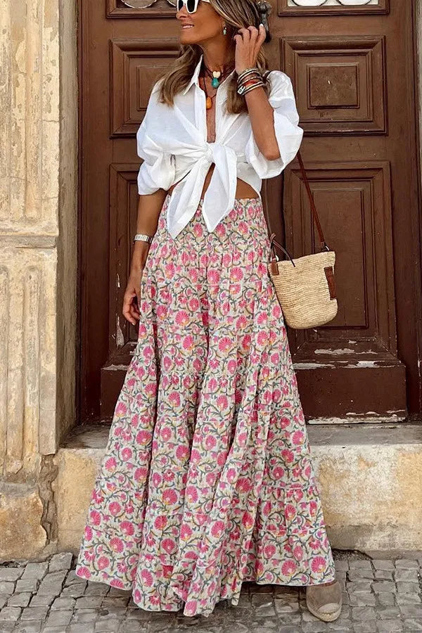 Women's Printed Maxi Skirt with Elastic Waistband