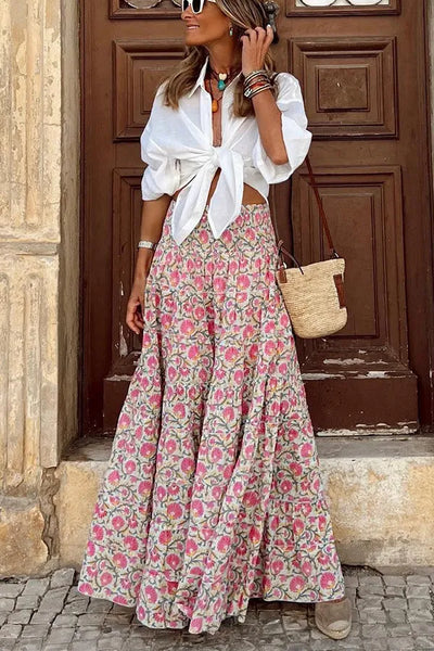 Women's Printed Maxi Skirt with Elastic Waistband