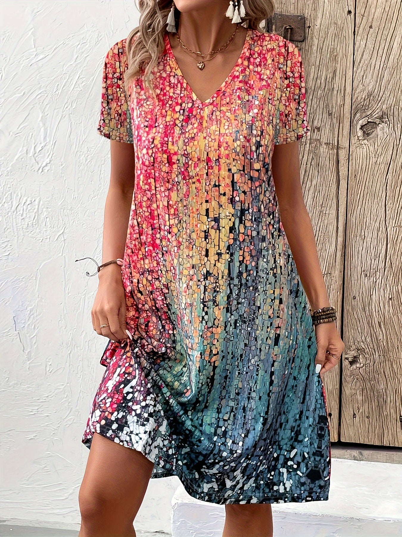 Women’s Gradient Mosaic Dress with Flowing Silhouette