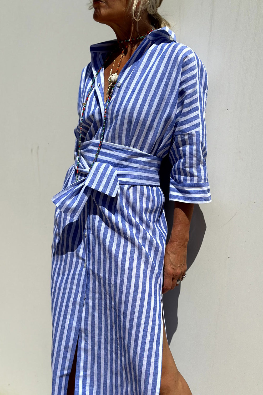 Women's Striped Midi Shirt Dress with Buttons and Roll up Sleeves