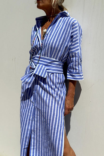 Women's Striped Midi Shirt Dress with Buttons and Roll up Sleeves