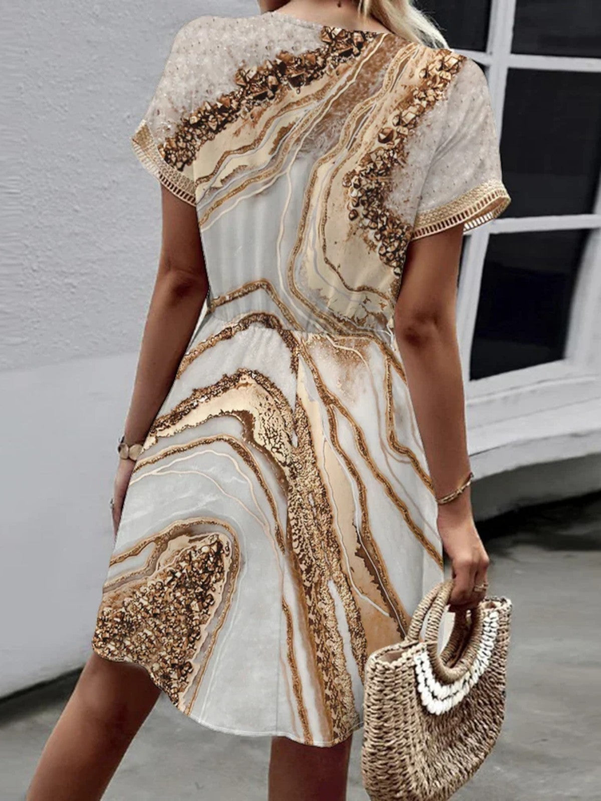 Women's Sequin Trim V-Neck with Elastic Waist Mini Dress