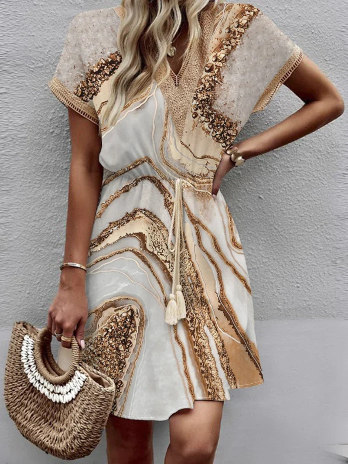 Women's Sequin Trim V-Neck with Elastic Waist Mini Dress