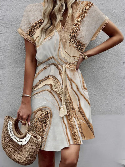 Women's Sequin Trim V-Neck with Elastic Waist Mini Dress