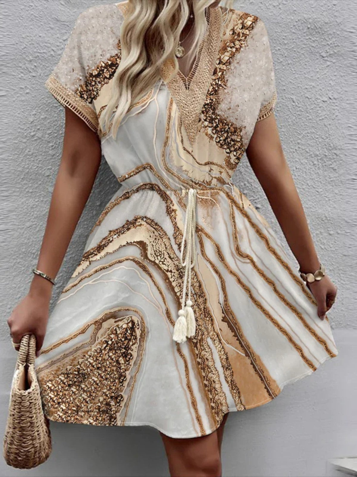 Women's Sequin Trim V-Neck with Elastic Waist Mini Dress