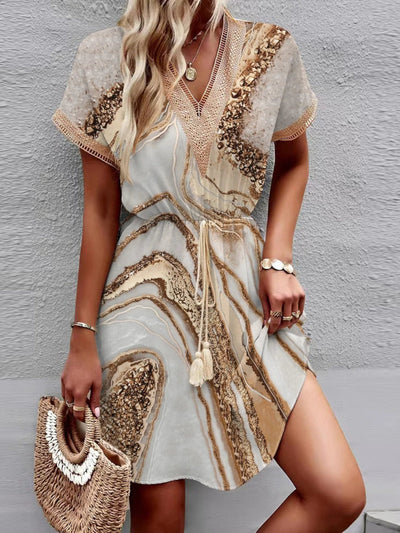 Women's Sequin Trim V-Neck with Elastic Waist Mini Dress