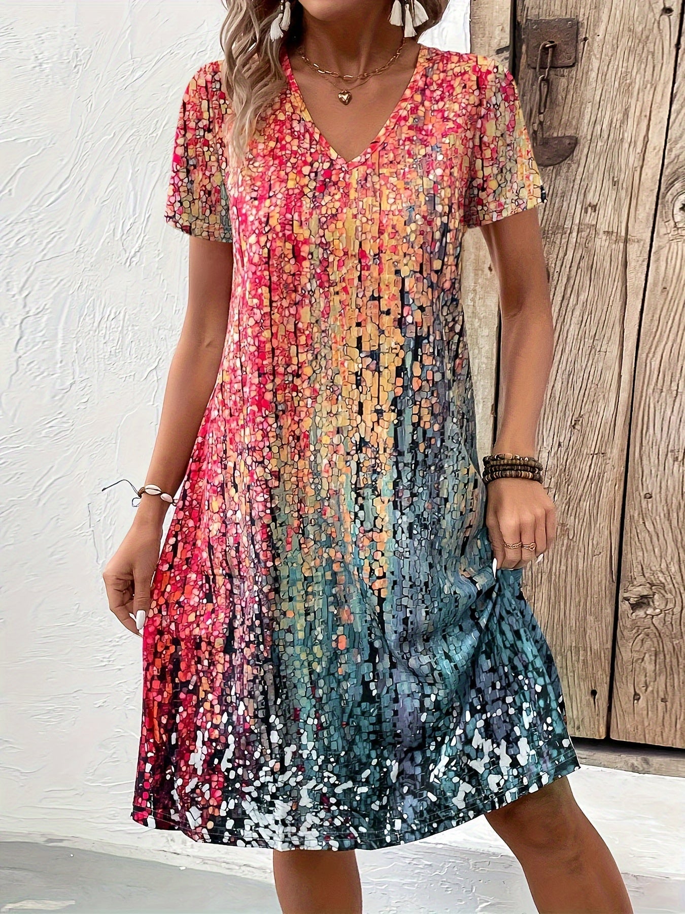 Women’s Gradient Mosaic Dress with Flowing Silhouette