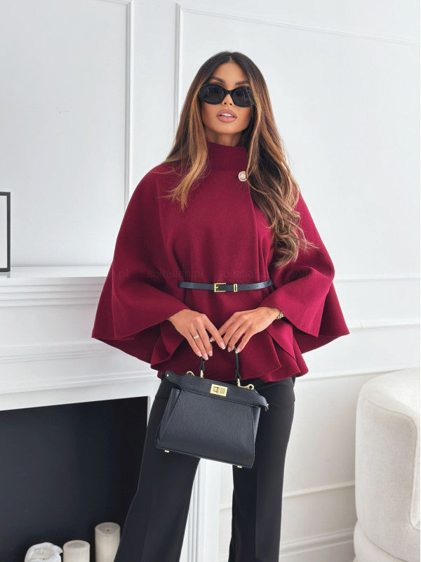 Women's Batwing Sleeves High Collar Cape Coat with Belt
