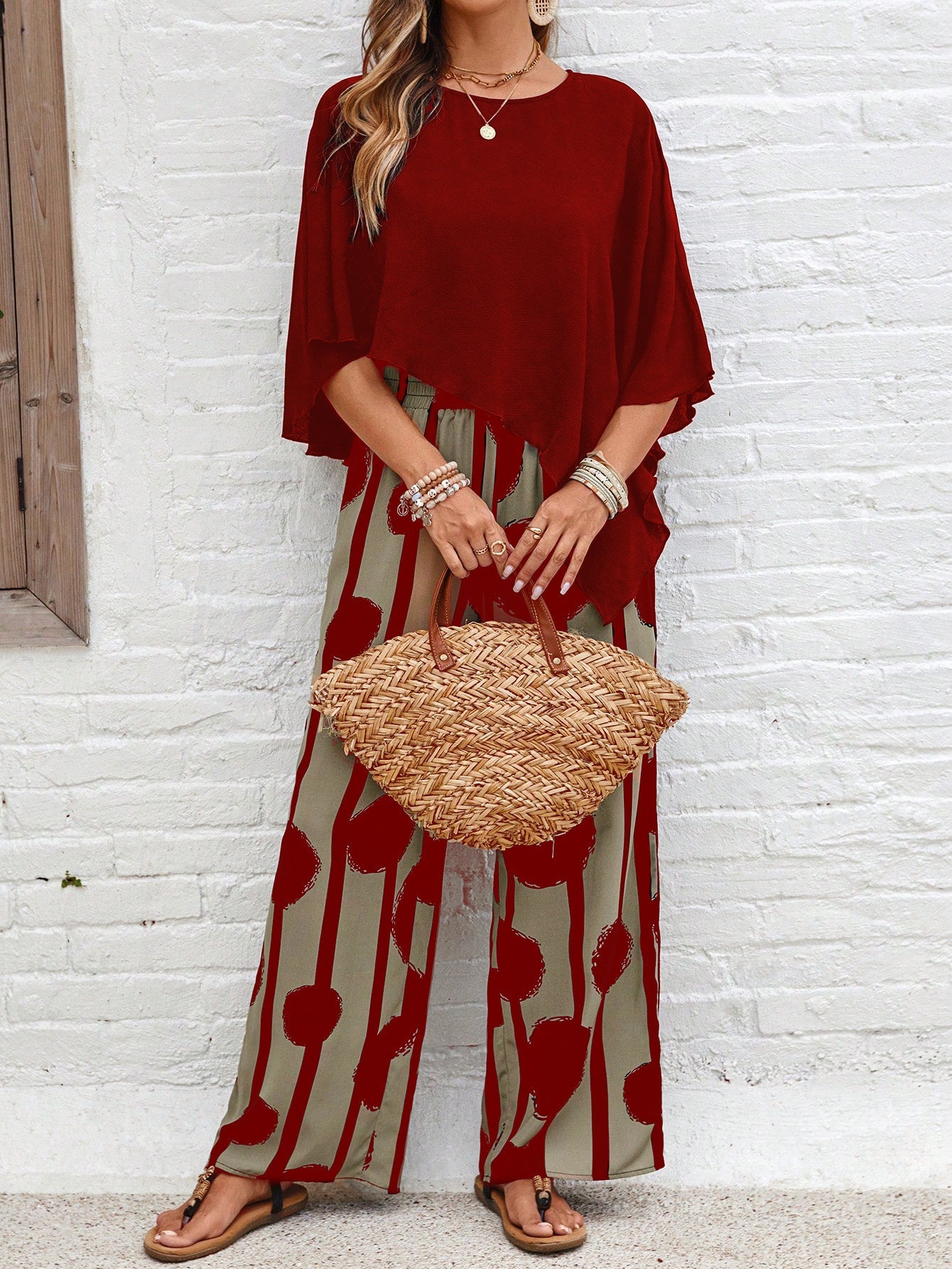 Rumi I Red Abstract Two-Piece Set with Wide-Leg Pants – Women's Elegant Outfit