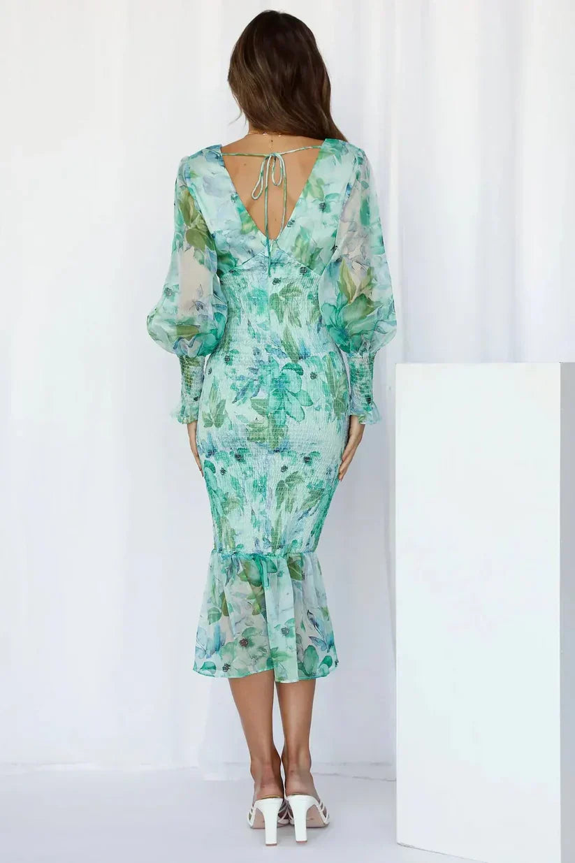 Women's Floral Print Lantern Long Sleeve Elastic Waist Midi Dress