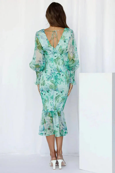 Women's Floral Print Lantern Long Sleeve Elastic Waist Midi Dress