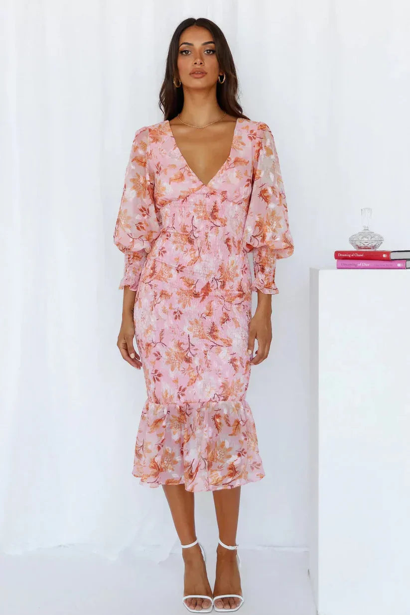 Women's Floral Print Lantern Long Sleeve Elastic Waist Midi Dress