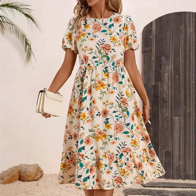 Women's Floral Print Midi Spring Dress with Puff Sleeves & Ruffle Hem