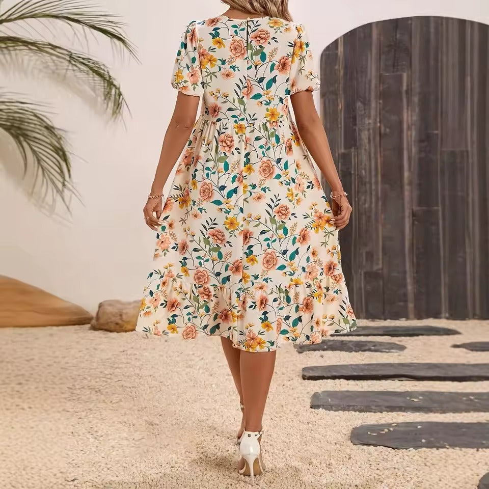 Women's Floral Print Midi Spring Dress with Puff Sleeves & Ruffle Hem