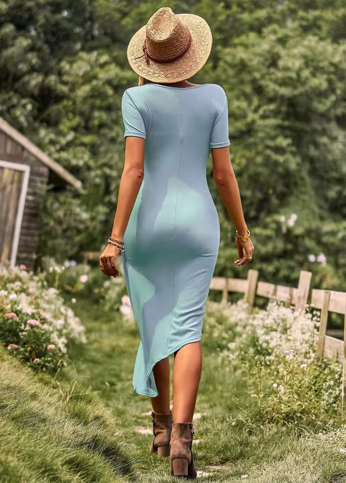 Bodycon Short Sleeve Women Dress with Twist Front and Asymmetric Hem