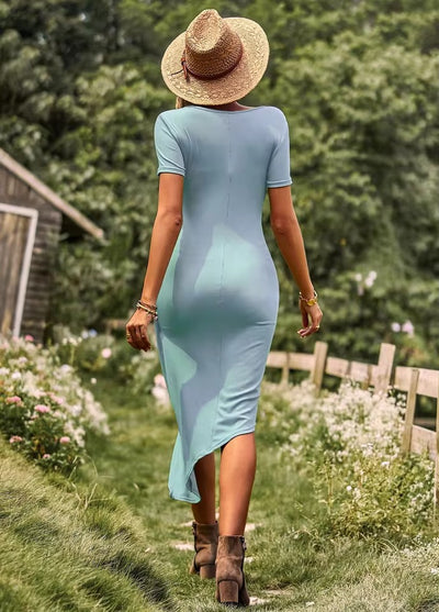 Bodycon Short Sleeve Women Dress with Twist Front and Asymmetric Hem