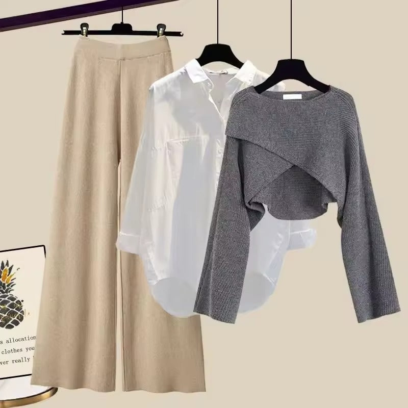 Women 3-Piece Knit Set of Sweater, Shirt and Wide Leg Pants Matching Outfit