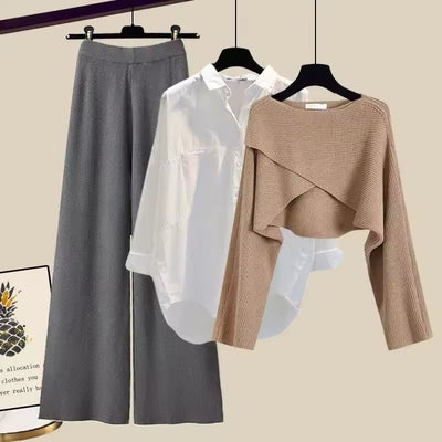Women 3-Piece Knit Set of Sweater, Shirt and Wide Leg Pants Matching Outfit