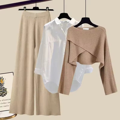 Women 3-Piece Knit Set of Sweater, Shirt and Wide Leg Pants Matching Outfit