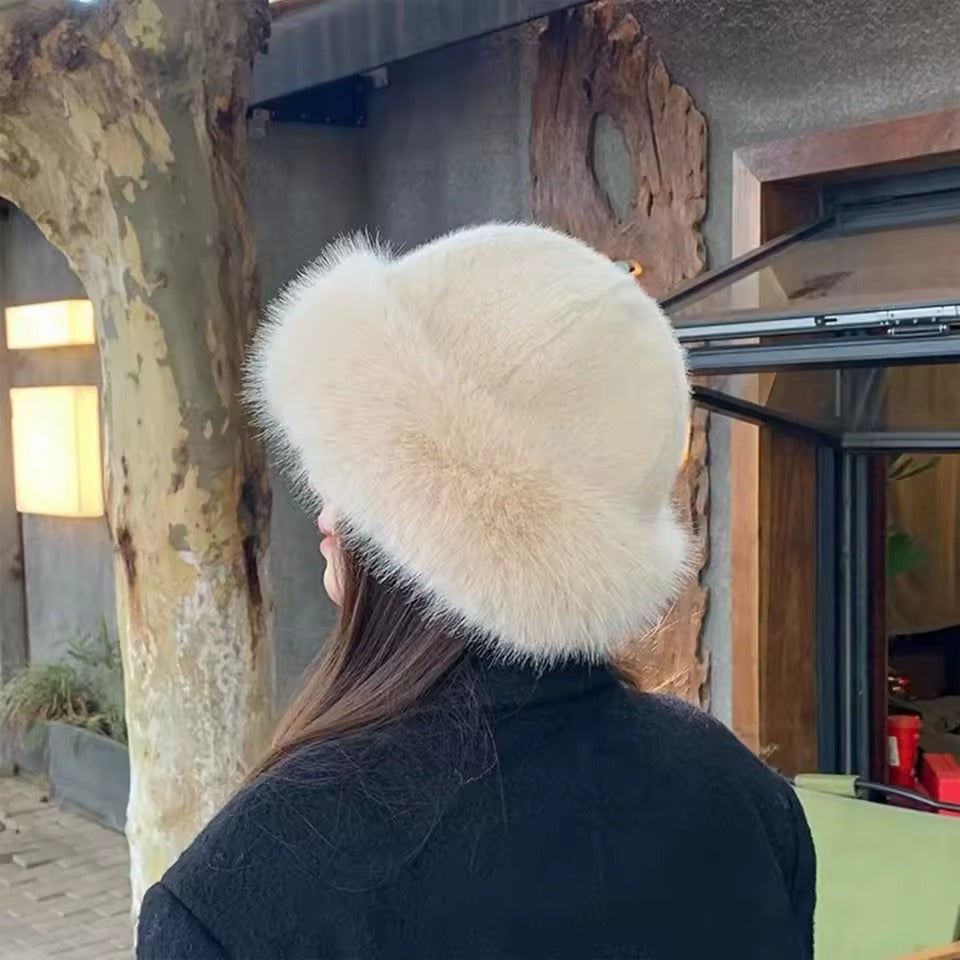 Women's Fur Bucket Winter Hat with Wide Brim