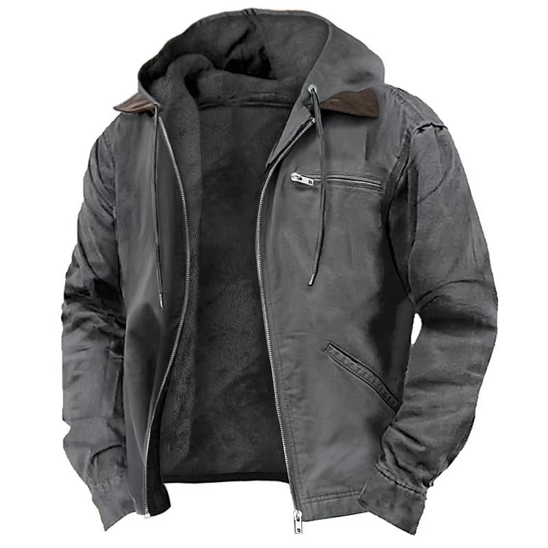 Men's Hooded Streetwear Jacket with Drawstring and Hood