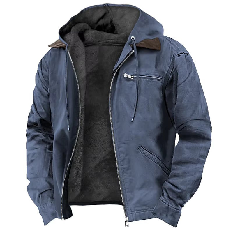 Men's Hooded Streetwear Jacket with Drawstring and Hood
