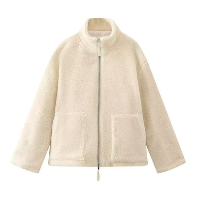 Women's Full Sleeves Lapel Collared Warm Winter Zip Jacket