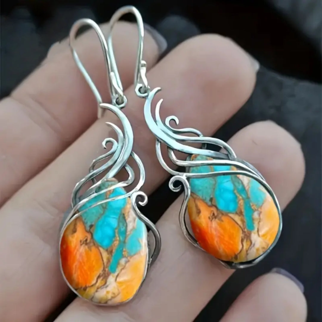 Drop Earrings with Orange and Blue Stones